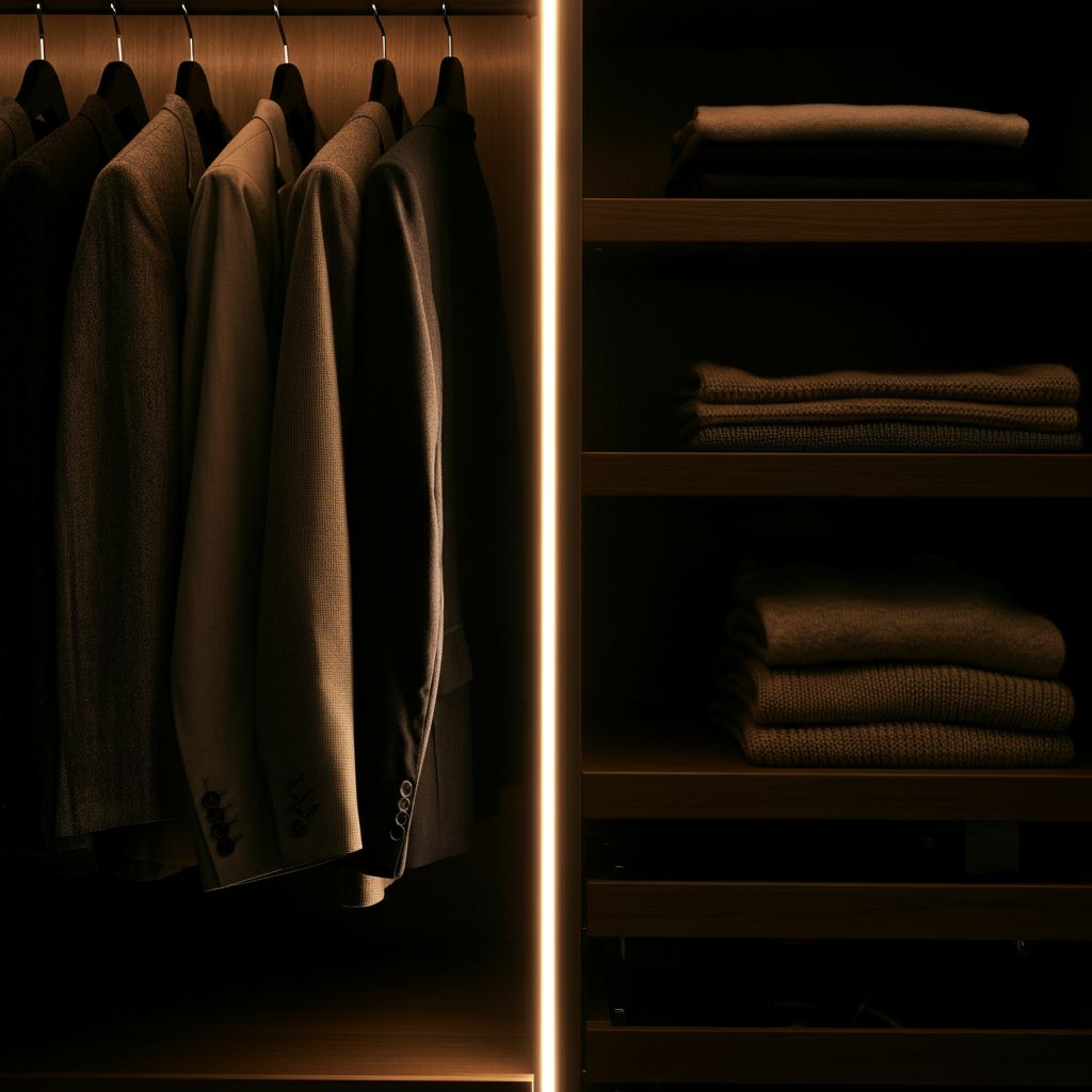 A neatly organized closet with clothes hung neatly and shelves filled with folded items. Soft, diffused light illuminates the contents of the closet, showcasing the organized space.