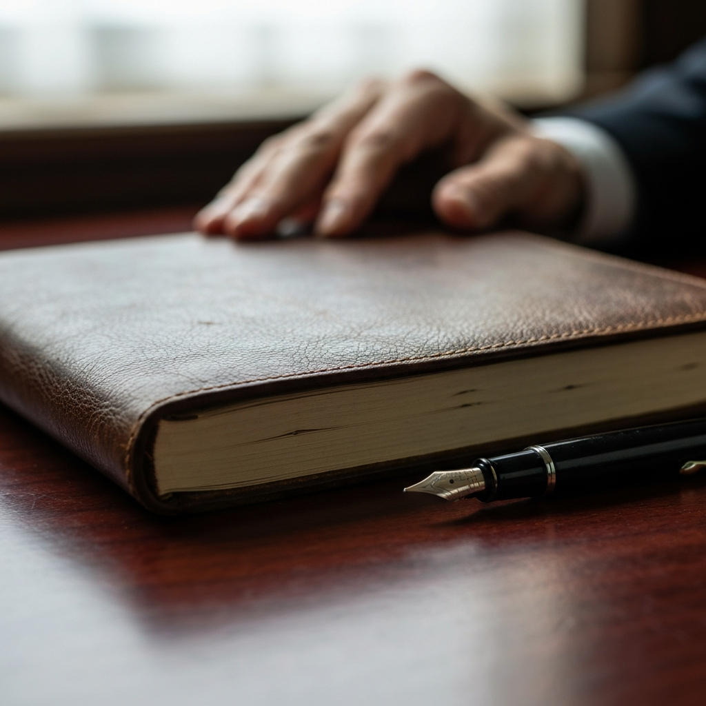 Close-up of a worn leather-bound journal resting on a mahogany desk, a fountain pen lying beside it. Soft, diffused light streams in from a nearby window, highlighting the textures of the paper and leather. Focus is sharp on the tip of the pen.