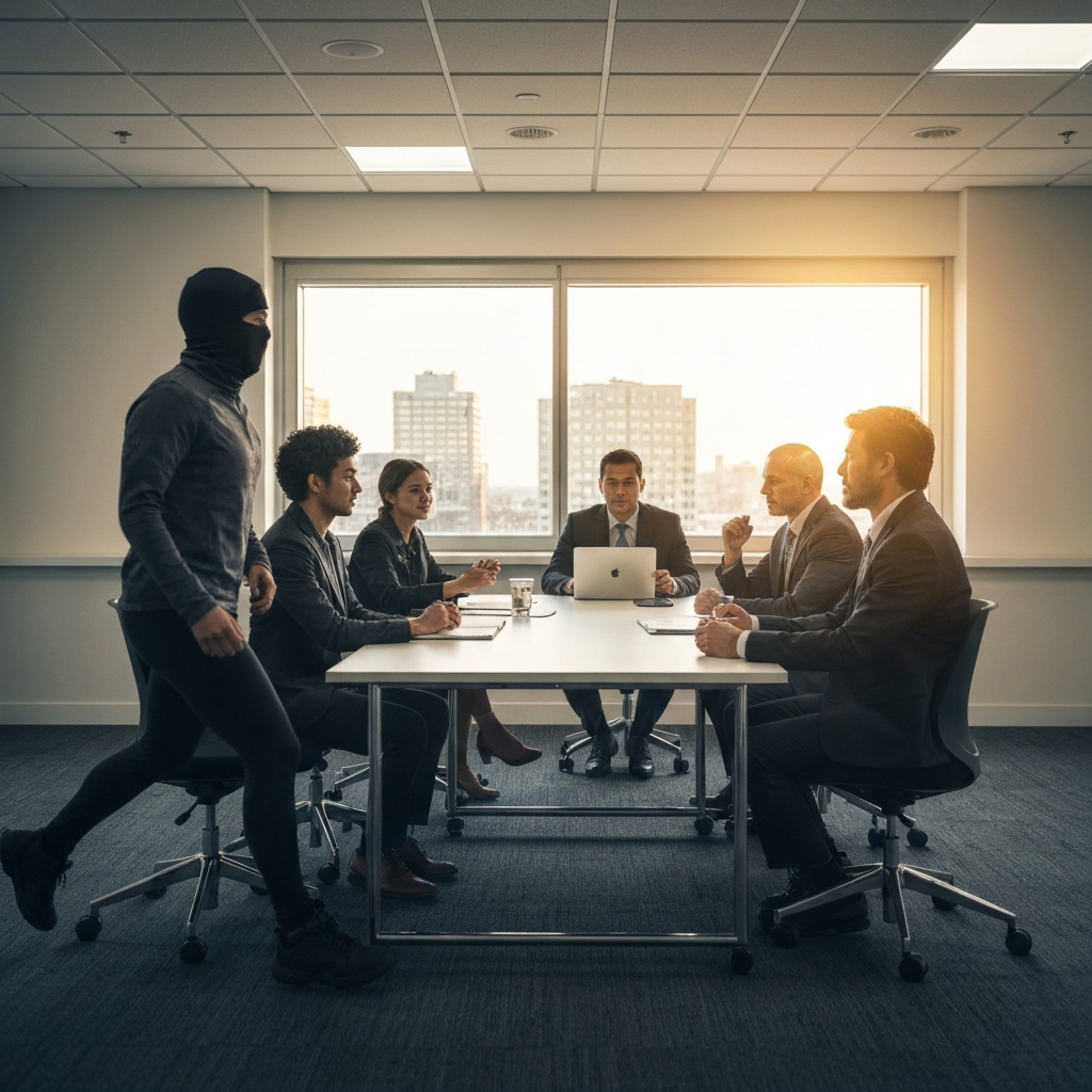 A diverse group of individuals, dressed in professional attire, sitting around a table in a brightly lit conference room, engaged in a respectful discussion about different religious perspectives. The room is modern and clean, with large windows overlooking a city skyline.