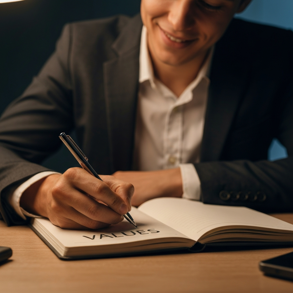 A person sitting at a desk, writing in a notebook. The lighting is warm and inviting, with a soft glow illuminating the desk and the person's face. The person is smiling slightly, indicating a sense of contentment and focus. Close-up on the word "Values" clearly written in the notebook.