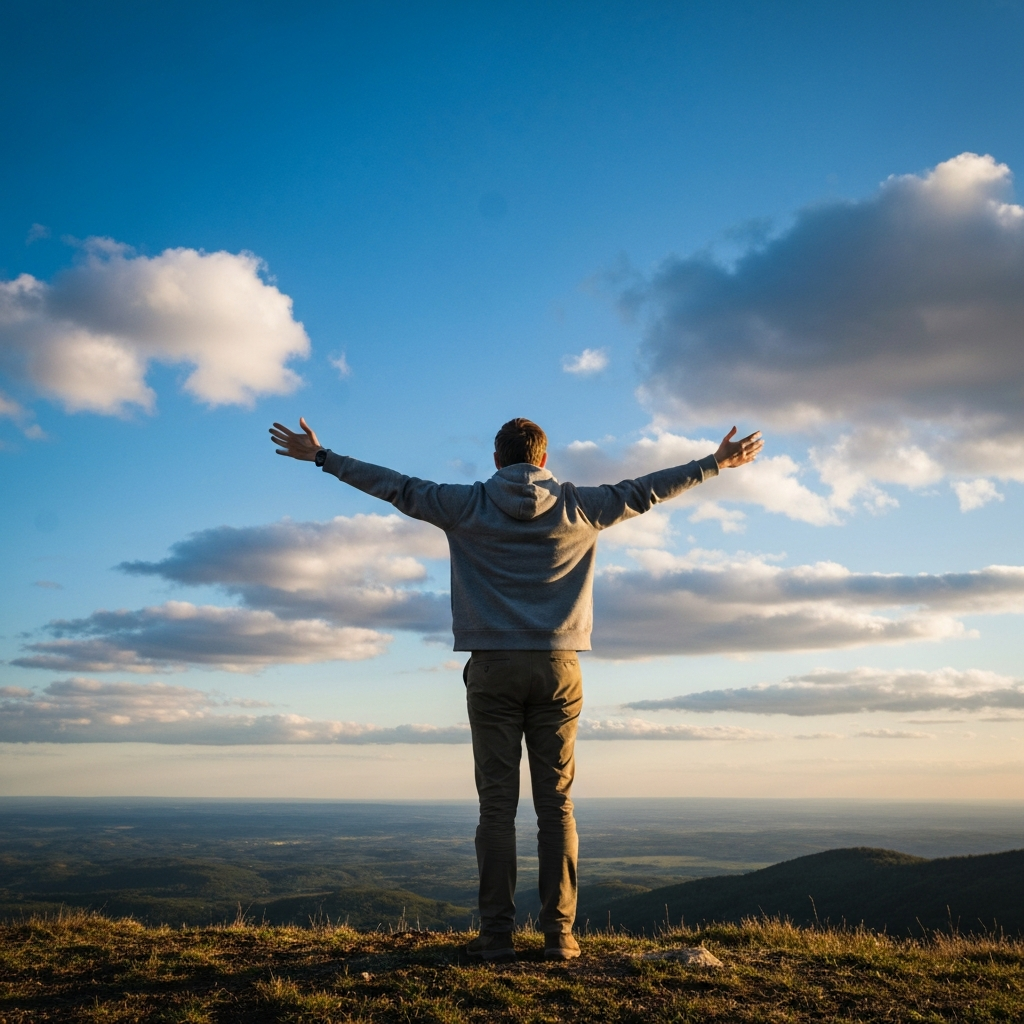 A person standing on a hilltop overlooking a vast landscape, arms outstretched. The sky is a vibrant blue with fluffy white clouds. Golden hour lighting casts a warm glow on the person and the surrounding landscape. They are dressed in comfortable, practical clothing.
