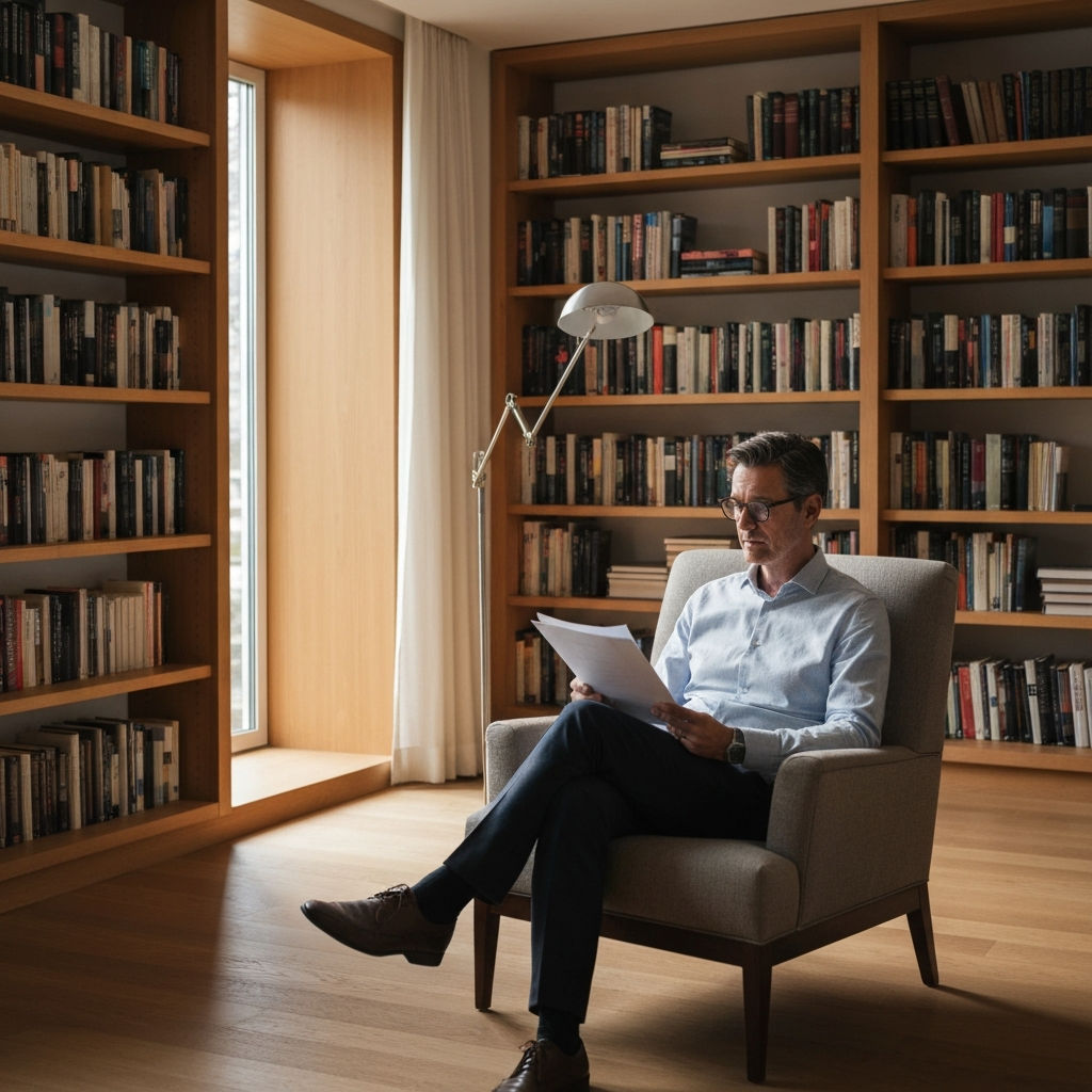 A person sitting in a comfortable armchair, reading a document. Soft light illuminates the page, and the person is wearing reading glasses. The room is warm and inviting, with bookshelves lining the walls.