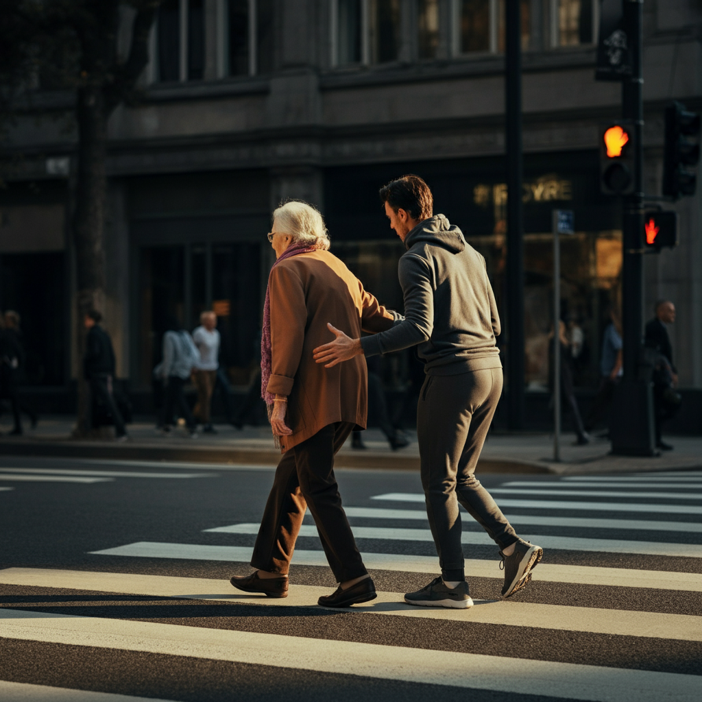 A person helping an elderly woman cross the street. The scene is set in a busy city, but the focus is on the kindness and compassion displayed by the person assisting the woman. Natural light illuminates the scene, creating a sense of warmth and authenticity.