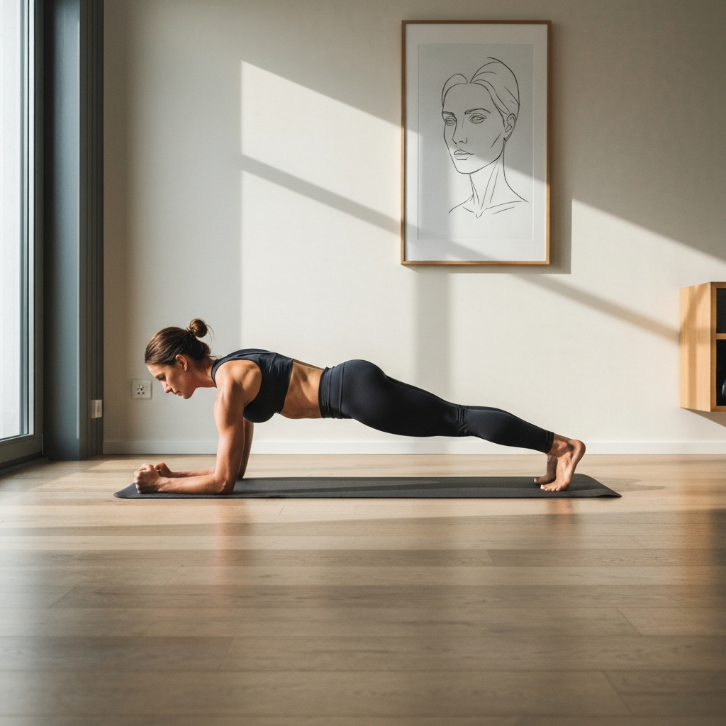 A person performing a plank exercise in a well-lit home gym, side-lit textures emphasizing muscle definition, yoga mat visible beneath.
