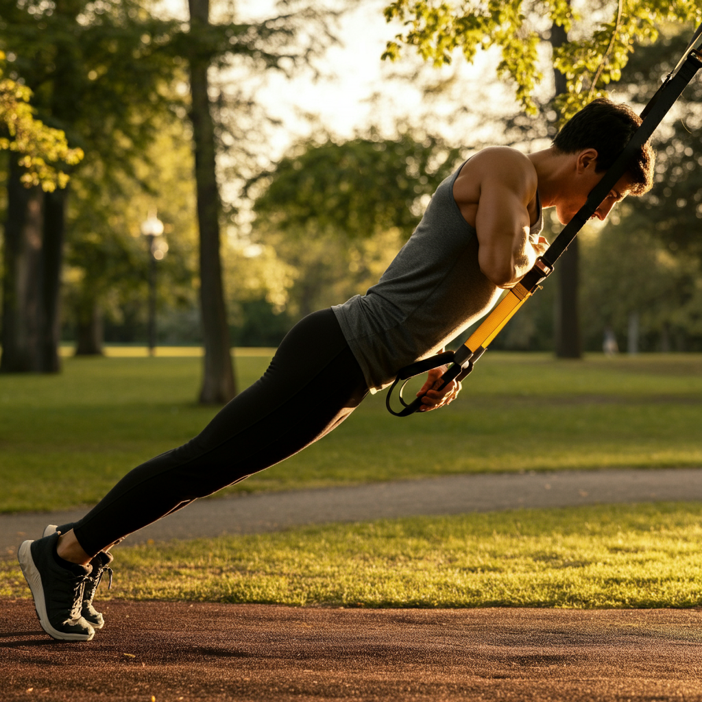 A person performing a bodyweight row using suspension straps in a park, golden hour lighting, emphasizing the muscular back and arm definition.
