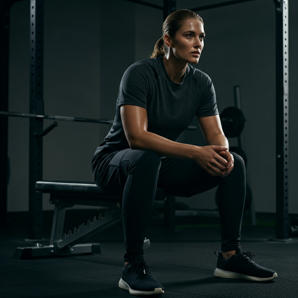 A person resting between sets, sitting on a bench in a clean, modern gym, focused expression with sweat on their brow.