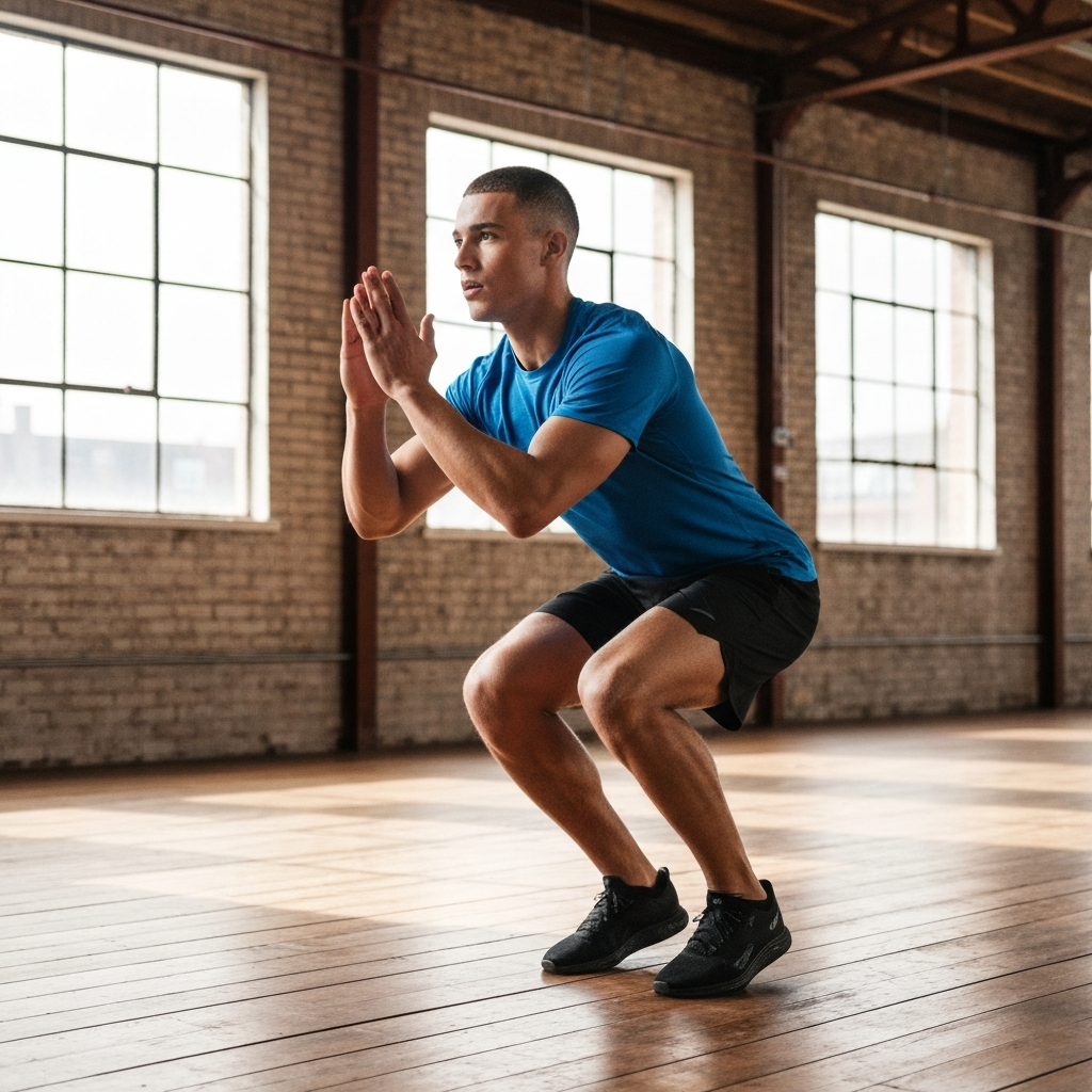 A person performing a jump squat in a warehouse-style gym, natural light streaming through large windows, athletic wear showing movement.