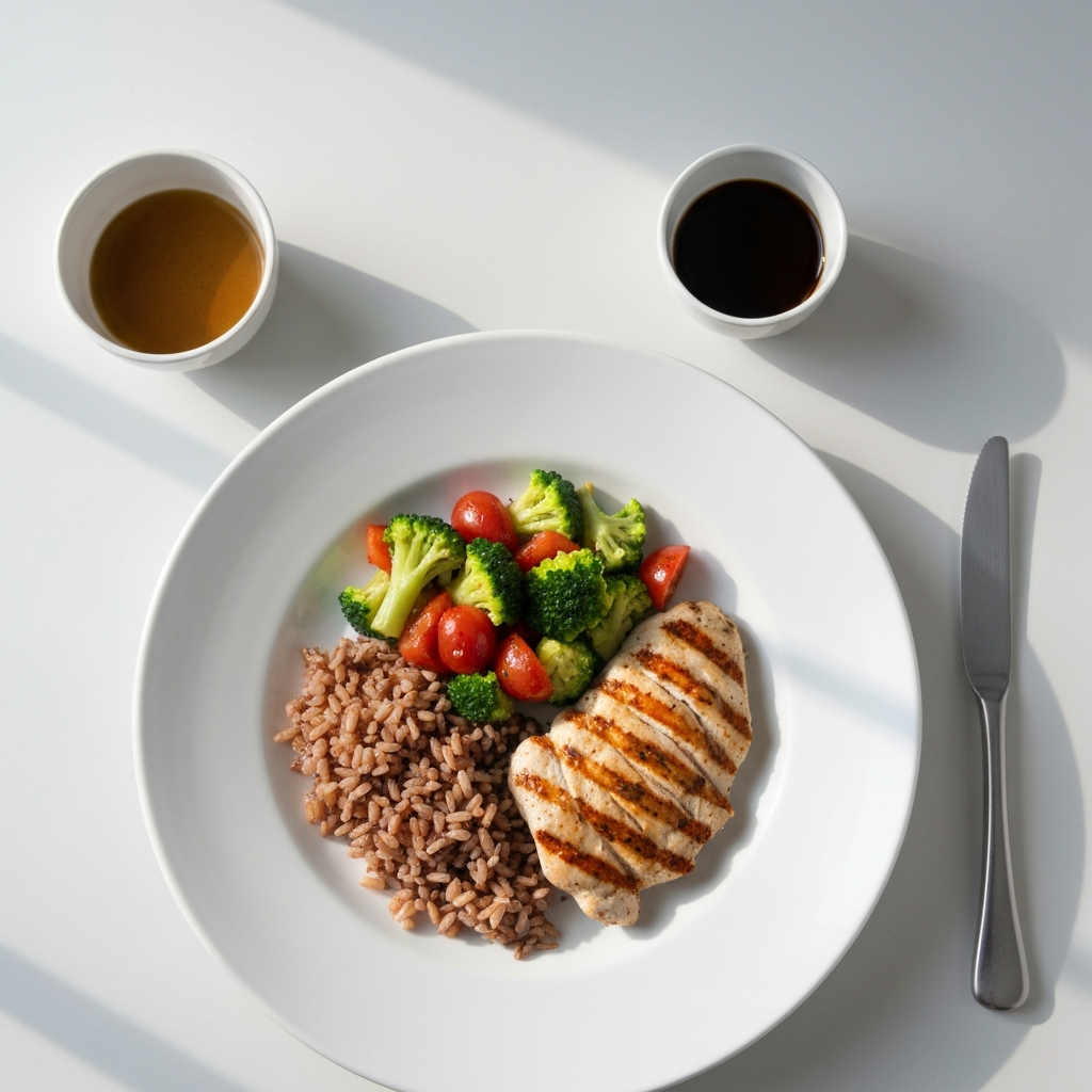 A healthy meal consisting of grilled chicken, brown rice, and steamed vegetables, plated on a clean white dish, overhead lighting highlighting the fresh ingredients.