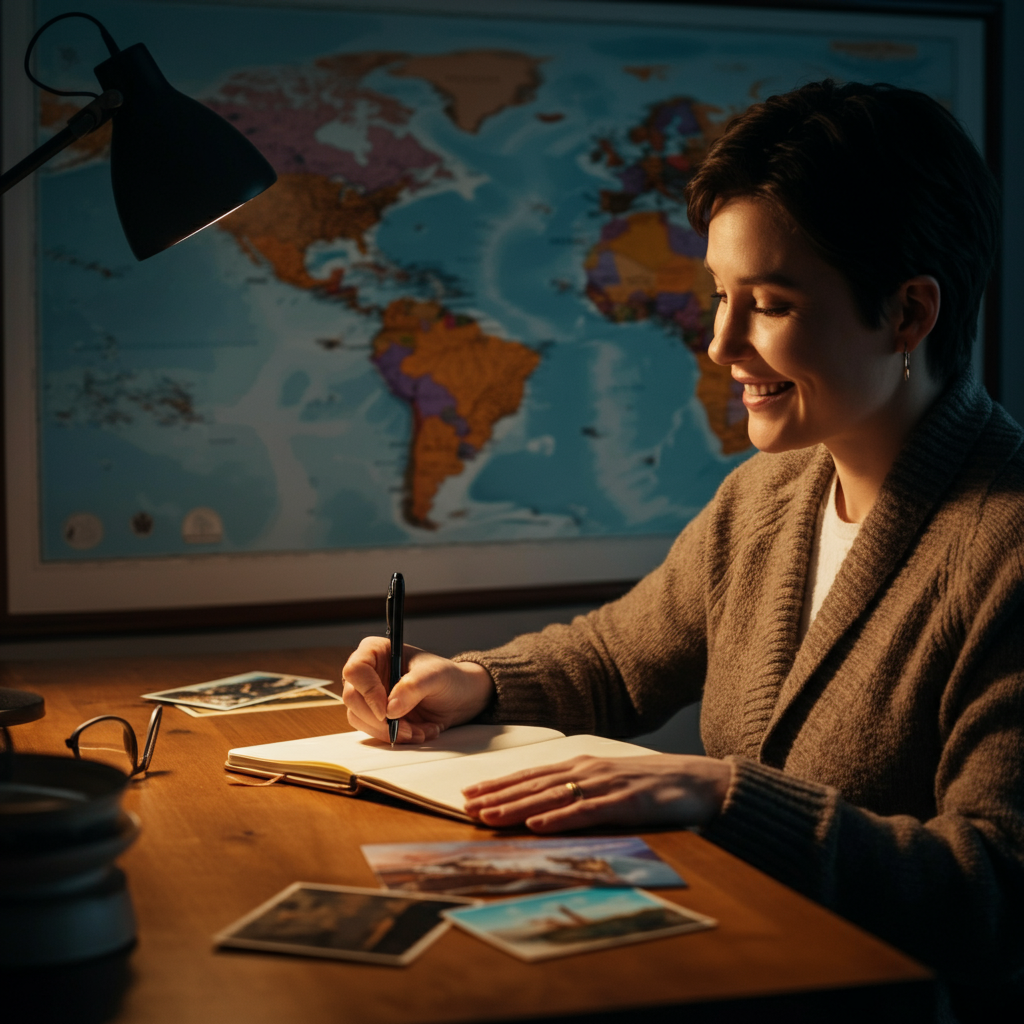 A brightly lit home office. A person is smiling while writing in a travel journal. Soft focus on a world map hanging behind them. The scene shows soft bokeh on desk objects, a pen and travel postcards.