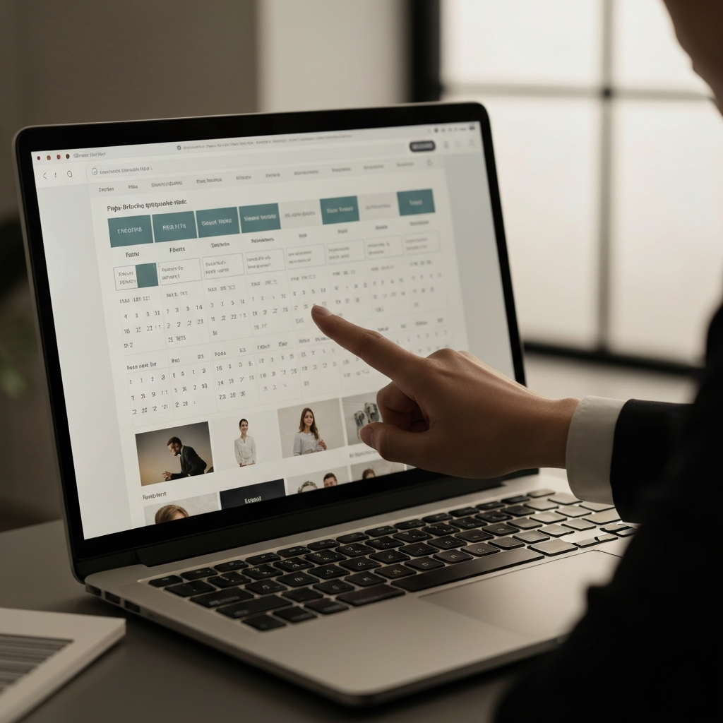 A laptop screen displaying a flight search website. A hand is pointing at the price calendar, golden hour lighting on the hand and keyboard. The composition is tight and focused.