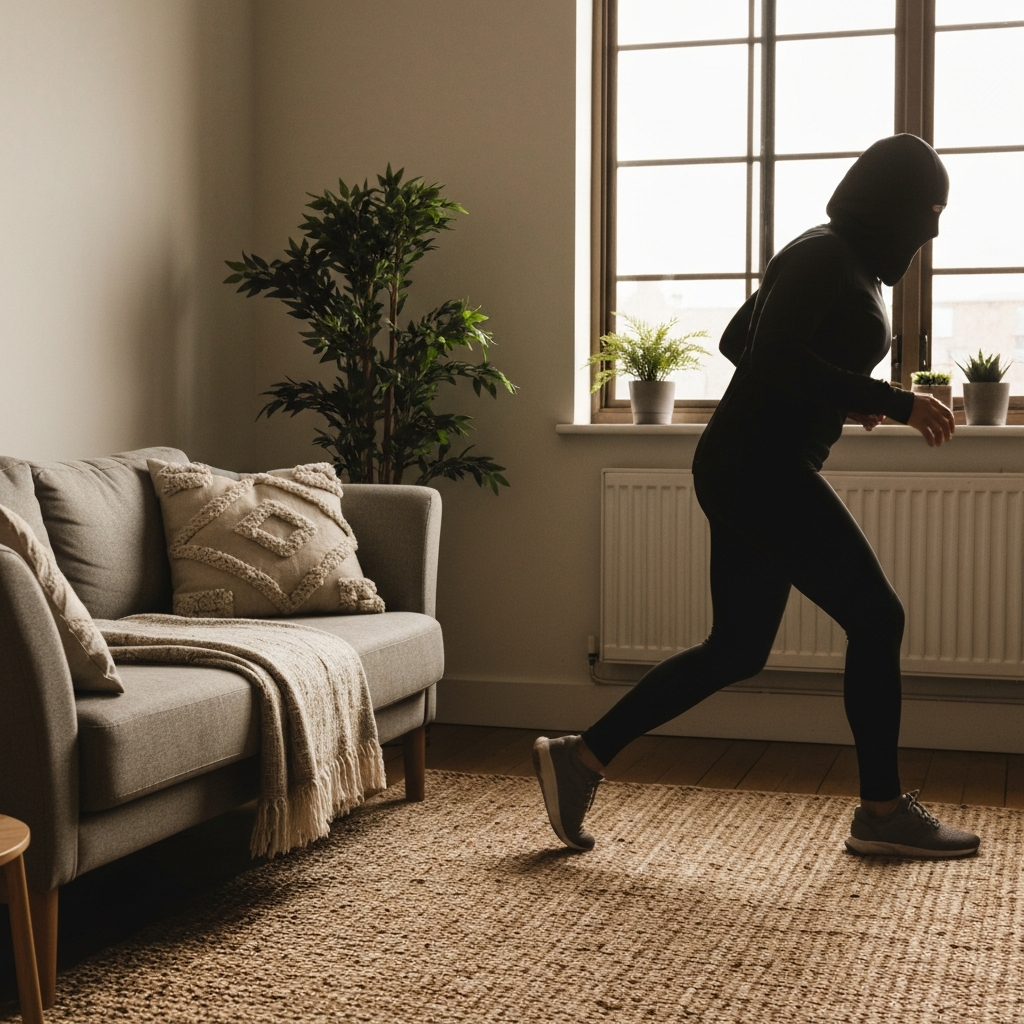 A cozy and modern Airbnb living room, professionally styled with comfortable furniture and indoor plants. Natural light floods the space through a large window. Focus is on the textural details of the throw pillows and woven rug.