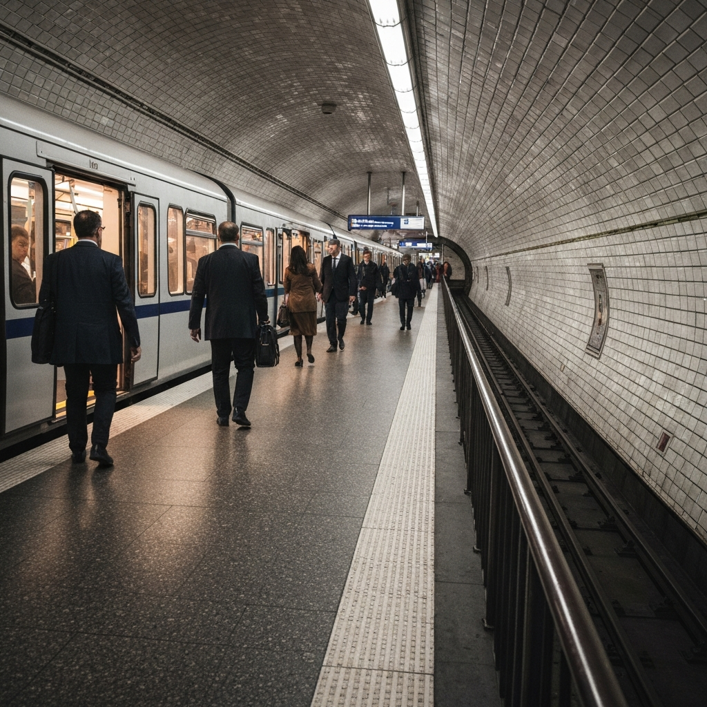 A bustling subway station in a European city, with people of diverse backgrounds boarding and alighting from the train. Side-lit textures on the ceramic tiles and metal railings.