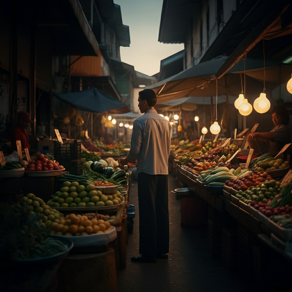 A vibrant outdoor food market in Southeast Asia, filled with colorful fruits, vegetables, and street food stalls. Soft bokeh on the background with the light filtering through market umbrellas.