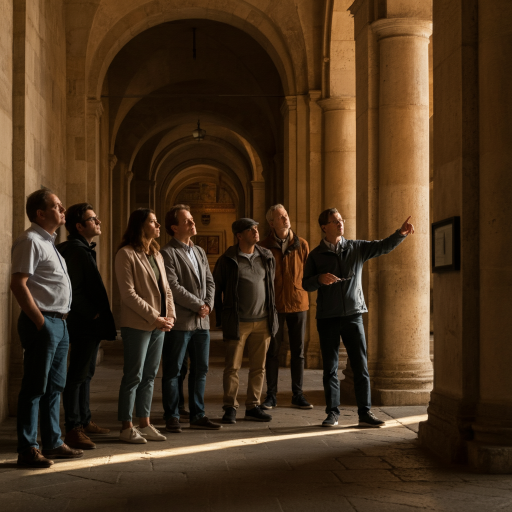 A group of people on a guided walking tour in a historic European city, with the guide pointing out landmarks and historical buildings. The scene should have golden hour lighting.