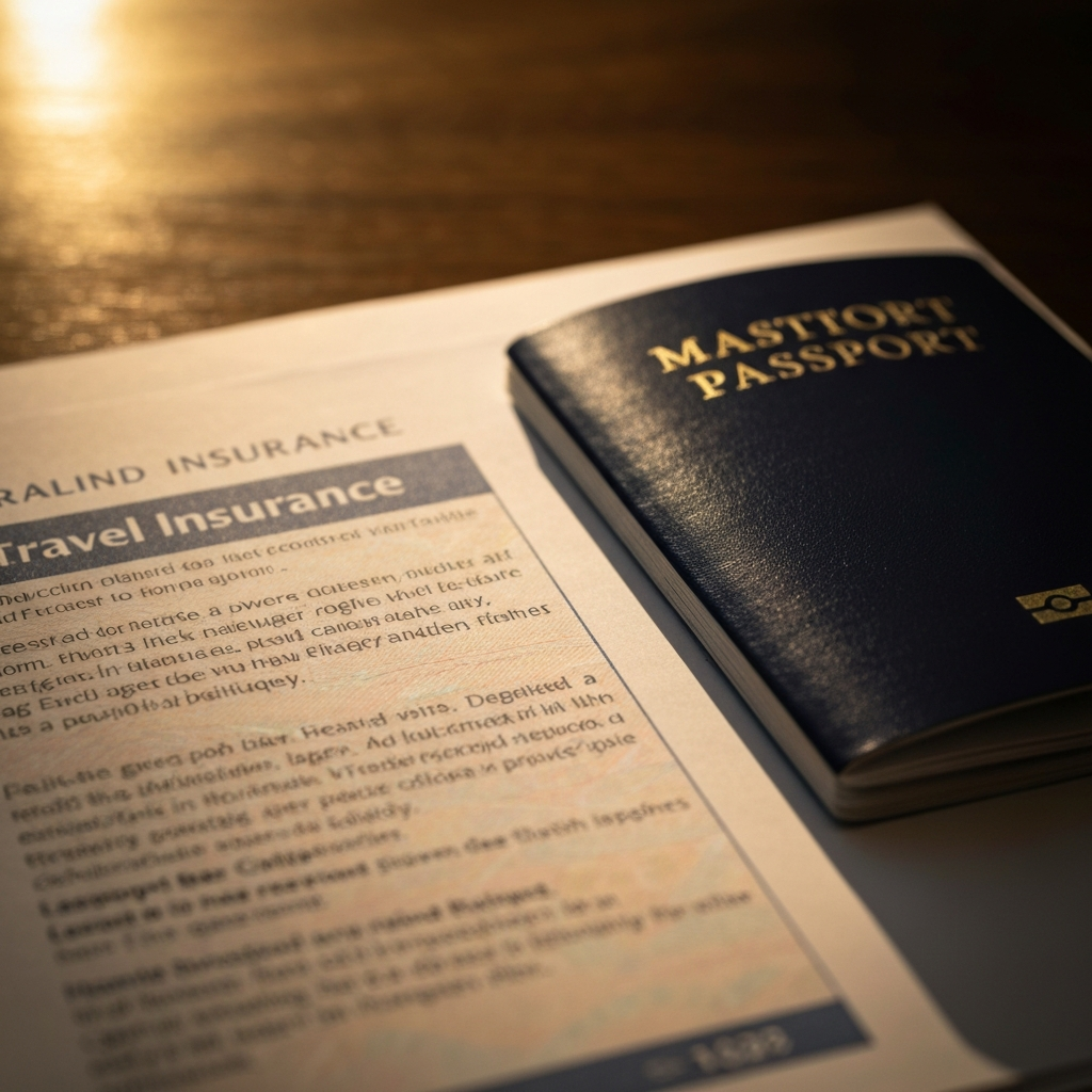 A close-up shot of a travel insurance document and a passport, side-lit to emphasize the texture of the paper and the passport cover.