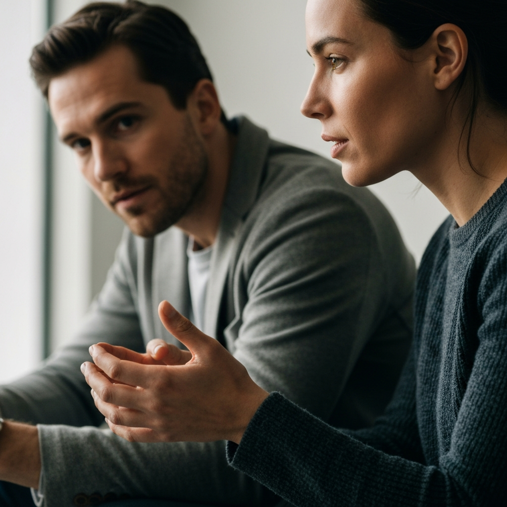 A close-up of two individuals engaged in a conversation, one leaning slightly forward with a focused expression, the other gesturing calmly with their hands. Soft, diffused lighting highlights the texture of their clothing.