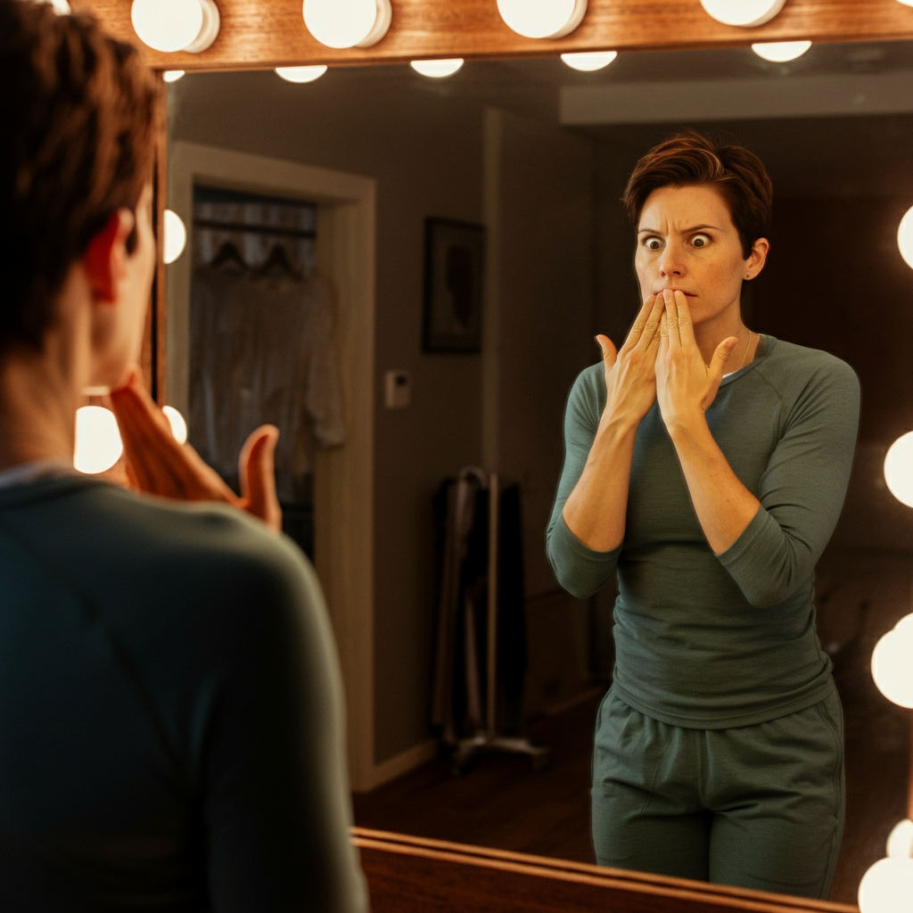 A person standing confidently in front of a mirror, practicing different facial expressions and hand gestures. The reflection shows a focused and determined expression. The lighting is bright and even.