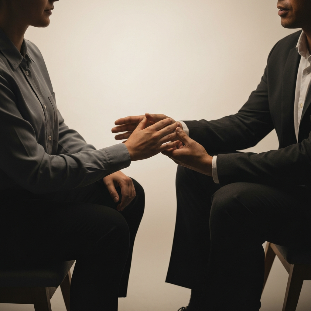 Two individuals sitting across from each other, engaged in a heartfelt conversation. One person is gently placing a hand on the other's arm in a gesture of support. Soft, warm lighting creates a sense of intimacy and understanding.