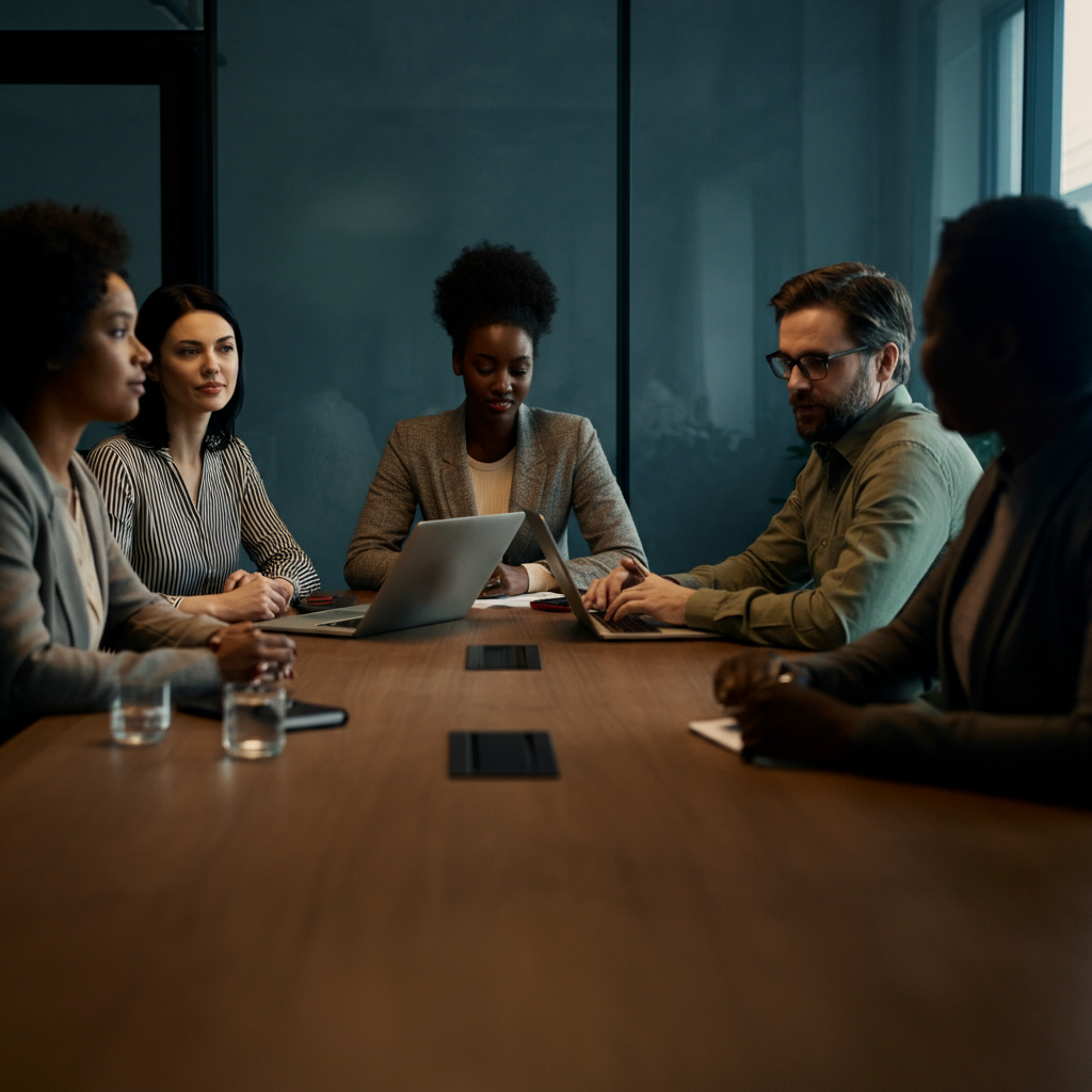 A diverse group of people sitting around a conference table, engaged in a lively discussion. The setting is a modern office with clean lines and bright lighting. Each person is contributing their unique perspective.
