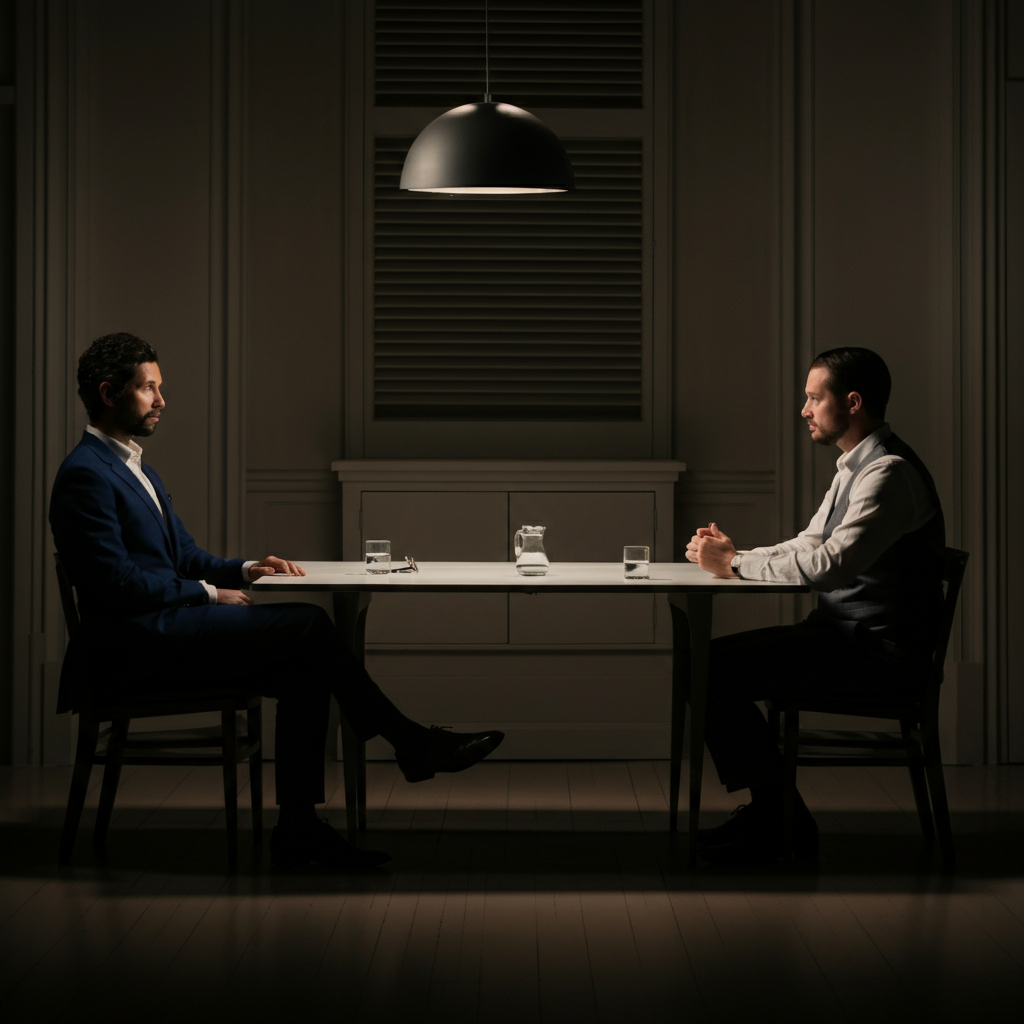 Two individuals sitting at a table, calmly discussing a disagreement. They are maintaining eye contact and using open body language. The atmosphere is professional and collaborative, with soft lighting.