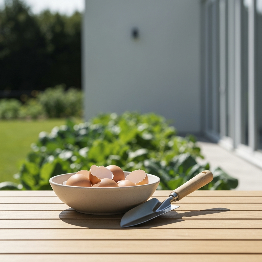 A sunny garden table featuring a bowl of clean, crushed eggshells and a small trowel, with a pair of gardening gloves resting beside them. Soft bokeh shows a vibrant vegetable garden in the background.