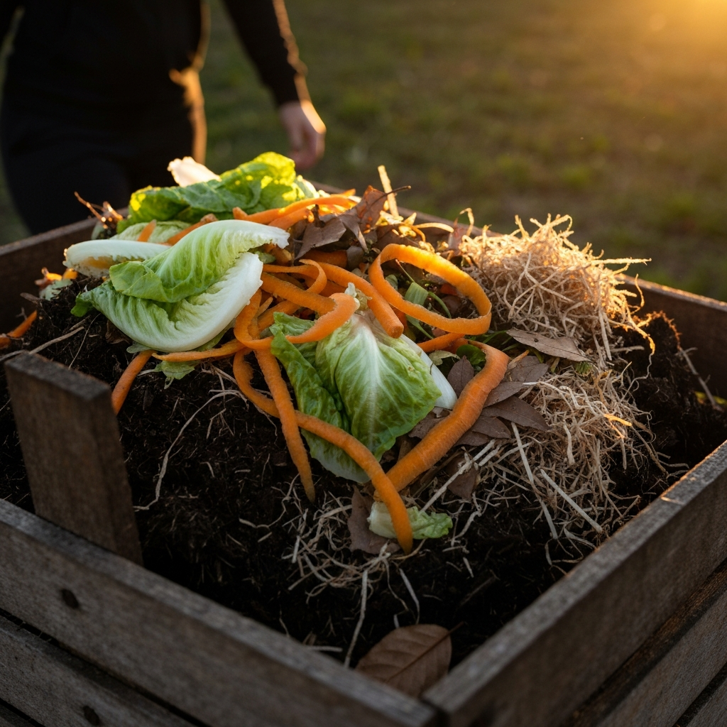 A close-up of a rustic compost bin overflowing with colorful vegetable scraps (carrot peels, lettuce leaves), mixed with brown leaves and shredded paper. Side-lit texture emphasizes the organic matter.