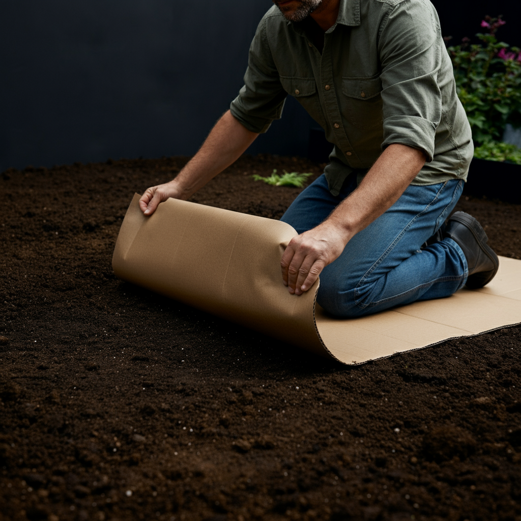 A gardener kneeling and carefully laying a large sheet of flattened cardboard on a prepared garden bed, overlapping another sheet already in place. The scene emphasizes the earthy tones of the soil and the texture of the cardboard.