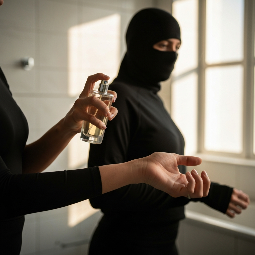 A woman's wrist being sprayed with a perfume bottle, slightly out of focus. The background is a clean, minimalist bathroom with natural light streaming in.