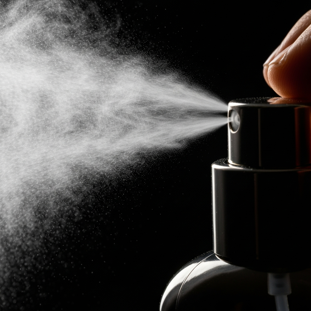 Close-up shot of a perfume atomizer releasing a fine mist. The droplets are illuminated by a soft, diffused light, highlighting the texture of the spray.