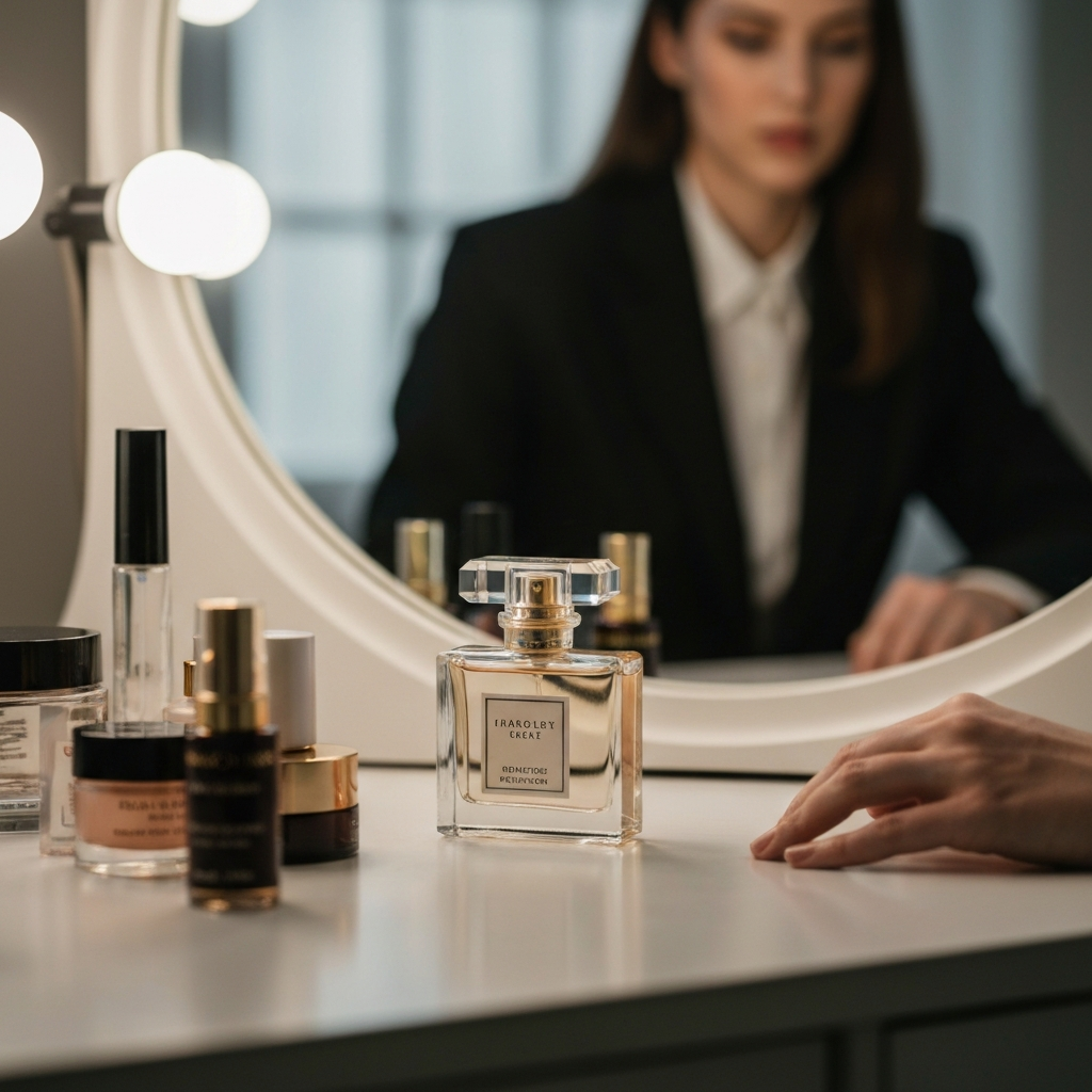 A perfume bottle sitting on a vanity table, surrounded by other beauty products. The lighting is soft and diffused, creating a luxurious and inviting atmosphere.