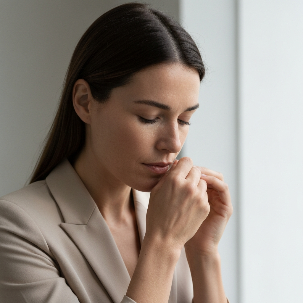 A woman thoughtfully smelling her wrist, eyes closed in concentration. The lighting is natural and soft, highlighting the texture of her skin.
