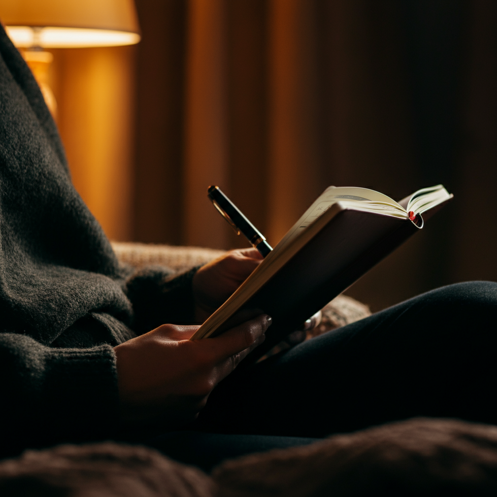 A close-up shot of a person's hands holding a journal and pen, illuminated by soft, warm light from a nearby lamp. The background is blurred, suggesting a cozy and introspective setting.
