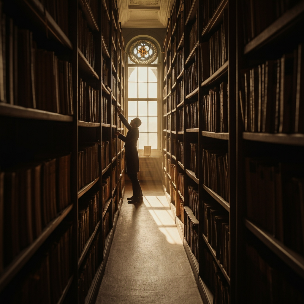 A well-lit library with tall bookshelves filled with old books. The focus is on a person's hand gently pulling a book from the shelf. Dust motes dance in the sunbeams streaming through a window.