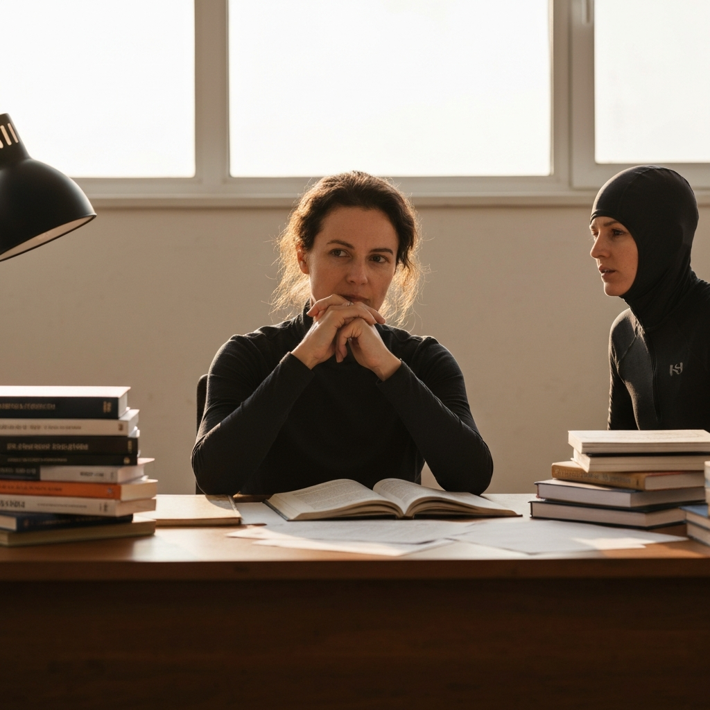A person sitting at a desk, surrounded by various books and papers, with a thoughtful expression on their face. The lighting is soft and natural, creating a relaxed and inviting atmosphere.