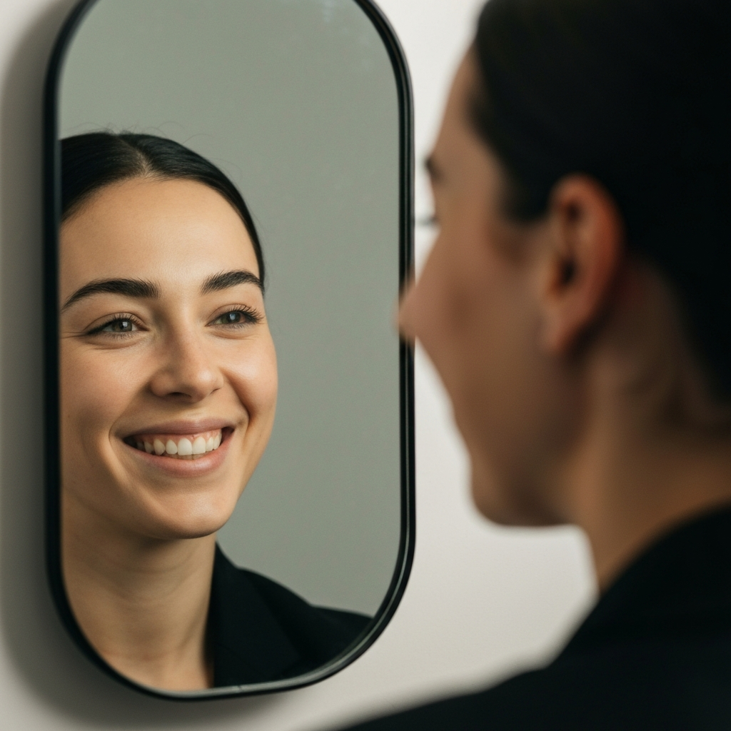 A mirror reflecting a person's smiling face. The lighting is soft and diffused, creating a gentle and serene atmosphere.