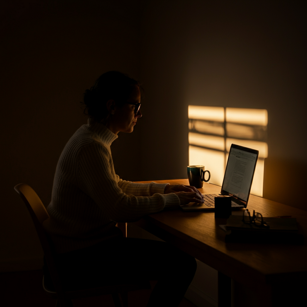 A person sitting at a desk, working on a laptop. The lighting is warm and inviting, with a cup of coffee nearby.