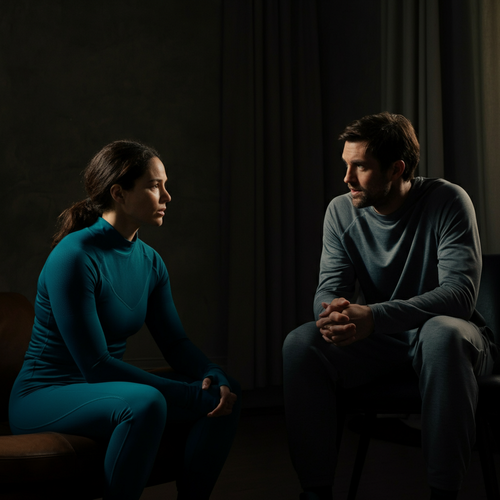 Two people sitting face-to-face, engaged in a respectful conversation. The lighting is soft and natural, creating a relaxed and comfortable atmosphere.