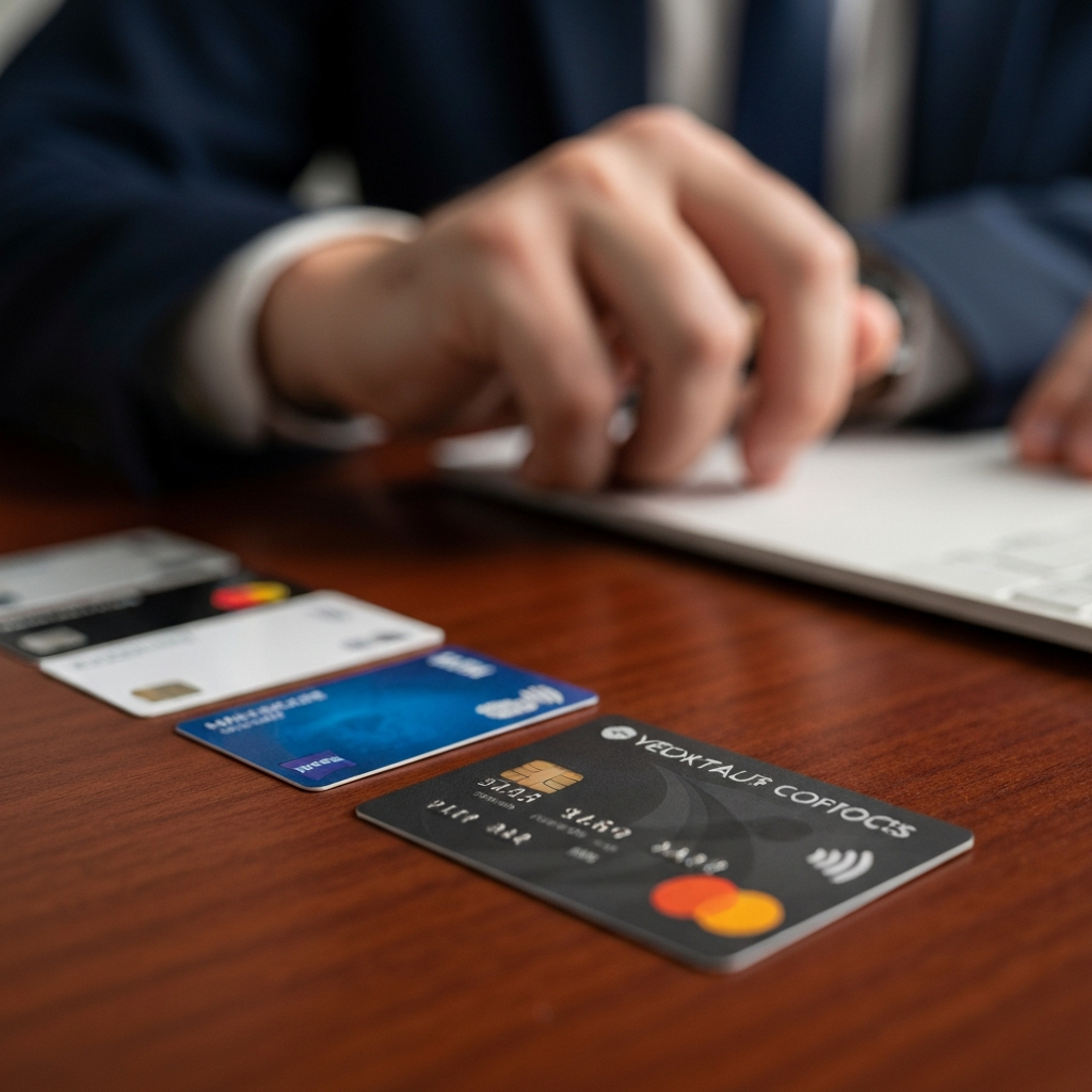 A close-up shot of several credit cards neatly arranged on a desk, bathed in soft, diffused light. The cards are subtly blurred in the background, while one card in the foreground is in sharp focus, showcasing its logo and design details. The desk is made of a rich mahogany wood, adding a touch of sophistication.