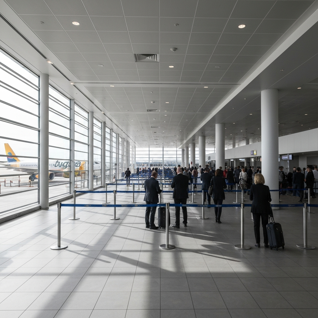 A wide-angle shot inside a modern airport terminal. Passengers are queuing at a gate, waiting to board a budget airline. The scene is brightly lit with natural light streaming through large windows, and the overall atmosphere is bustling but organized. The airline's logo is visible on the aircraft in the background.