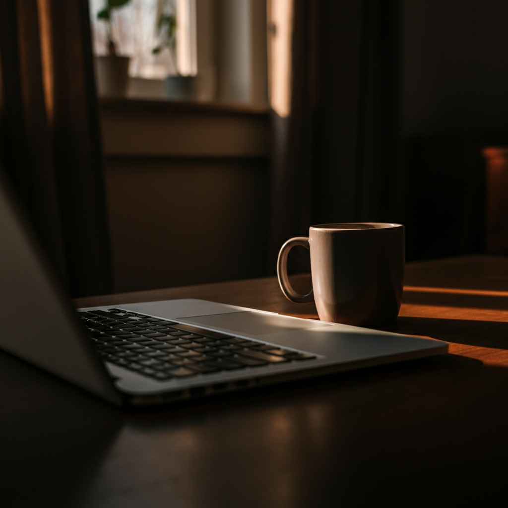 A warmly lit living room inside a cozy Airbnb apartment. A laptop rests on a coffee table, and a steaming mug sits beside it. Soft, inviting textures are emphasized through the use of natural light and a shallow depth of field.