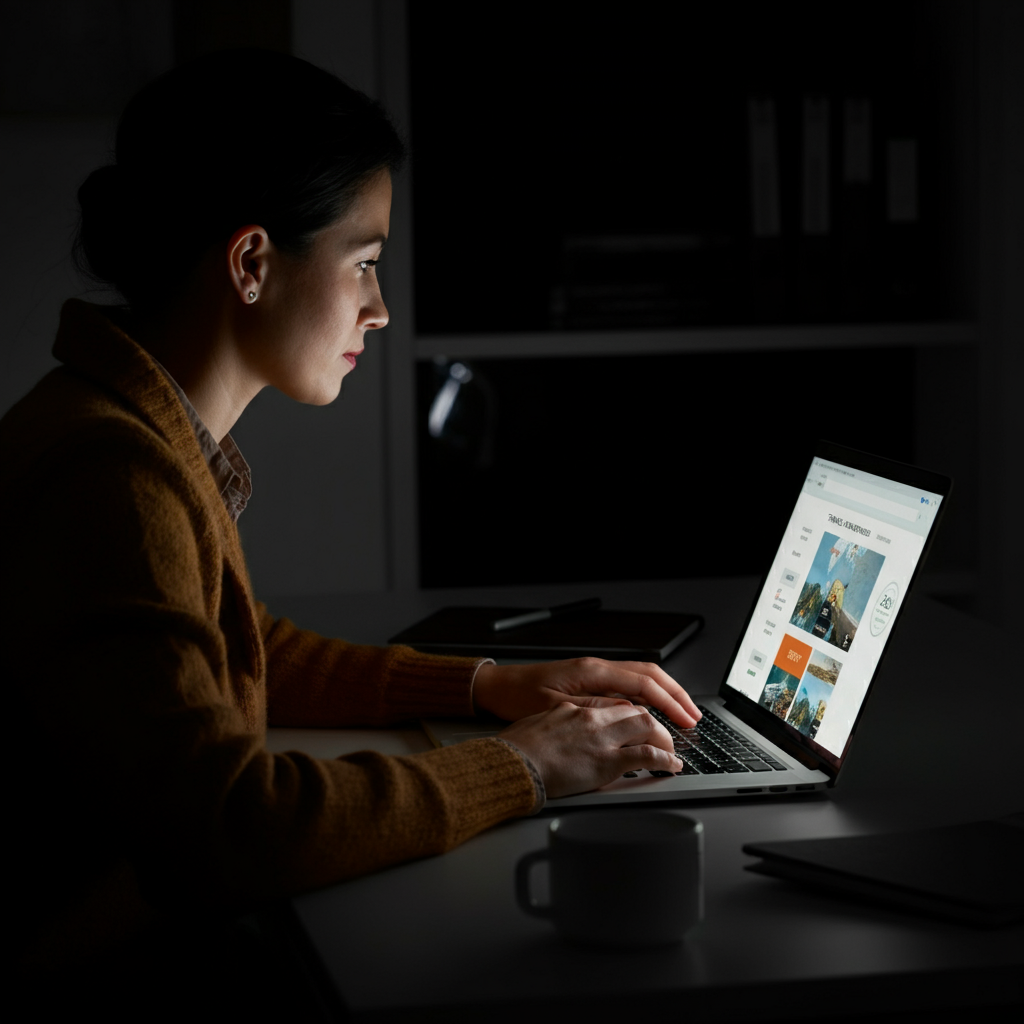A person is sitting at a desk, illuminated by the soft glow of a computer screen. They are intently studying a travel rewards website on their laptop. The background is blurred, creating a sense of focus on the task at hand.