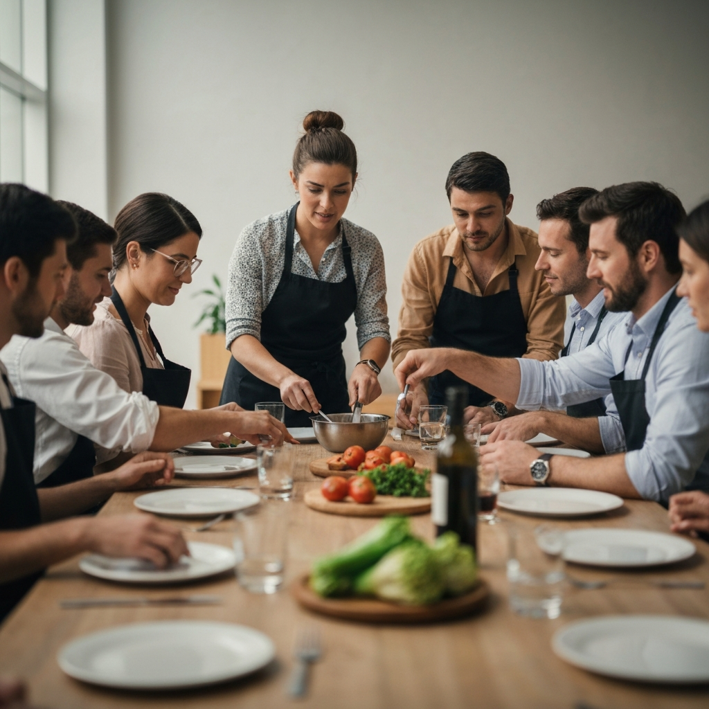 A group of people are gathered around a large table, participating in a hands-on cooking class. The scene is brightly lit and filled with vibrant colors. The focus is on the interaction between the participants and the instructor, showcasing the shared experience.