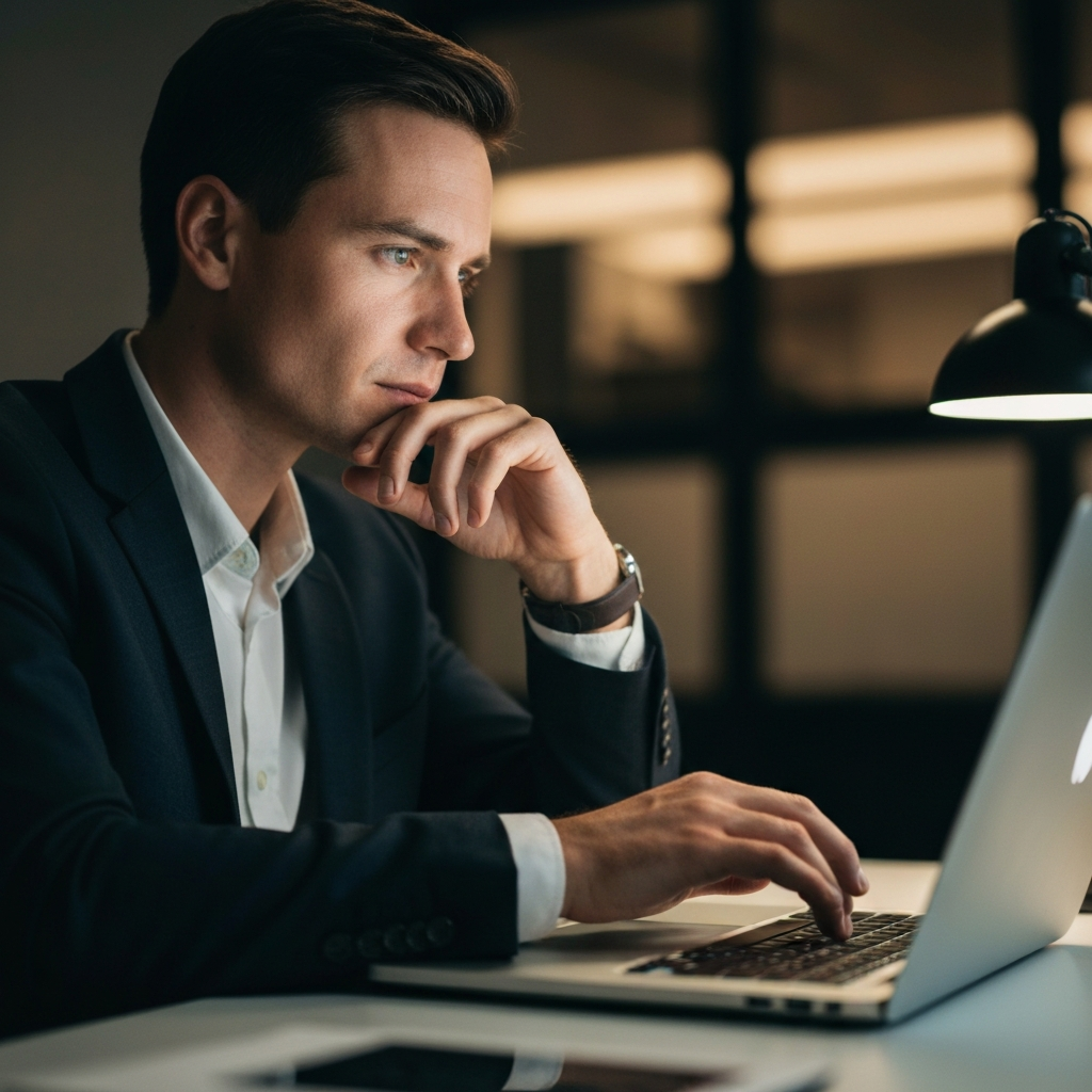 A close-up of a person sitting at a desk, illuminated by the soft glow of a laptop screen. Their fingers rest thoughtfully on the keyboard, and their expression is one of deep concentration. The background features blurred office elements with warm, diffused lighting.