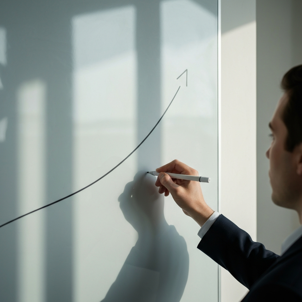 A hand drawing a simple diagram on a whiteboard in a well-lit office. The diagram shows an upward-sloping line representing the rising action, climax, and resolution of a story. Soft light reflects off the whiteboard's surface.