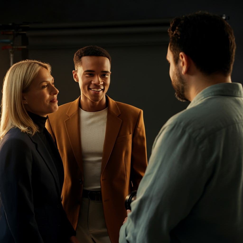 A professional photographer's studio. A model, dressed in business casual attire, is interacting with the photographer, smiling genuinely. Soft, diffused lighting illuminates their faces, creating a warm and inviting atmosphere.
