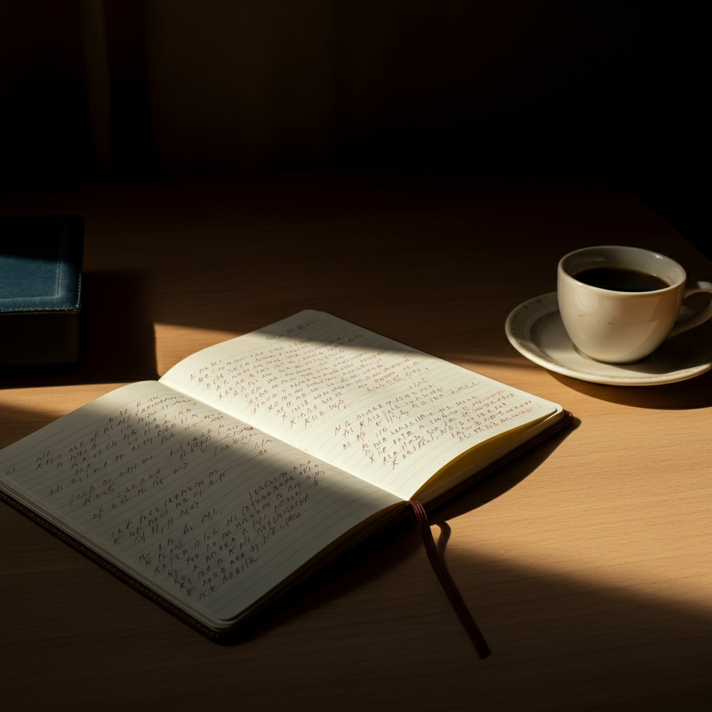 A writer's desk bathed in golden hour light from a nearby window. A notebook lies open, filled with handwritten notes and crossed-out sentences. A cup of coffee sits beside it, its steam gently rising. The scene evokes a sense of creativity and focus.