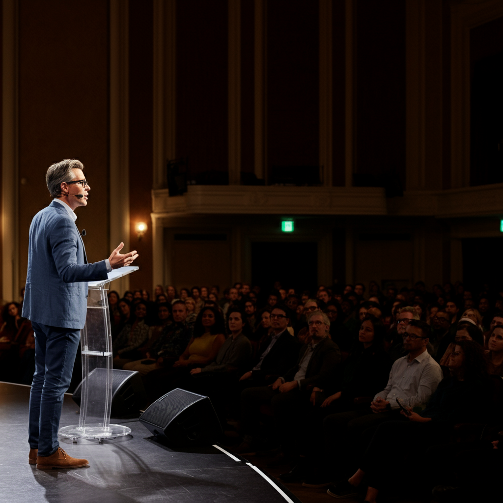 A speaker stands on a stage, addressing a diverse audience. They are gesturing with their hands and making eye contact with individuals in the crowd. The stage is well-lit, and the audience is attentively listening.