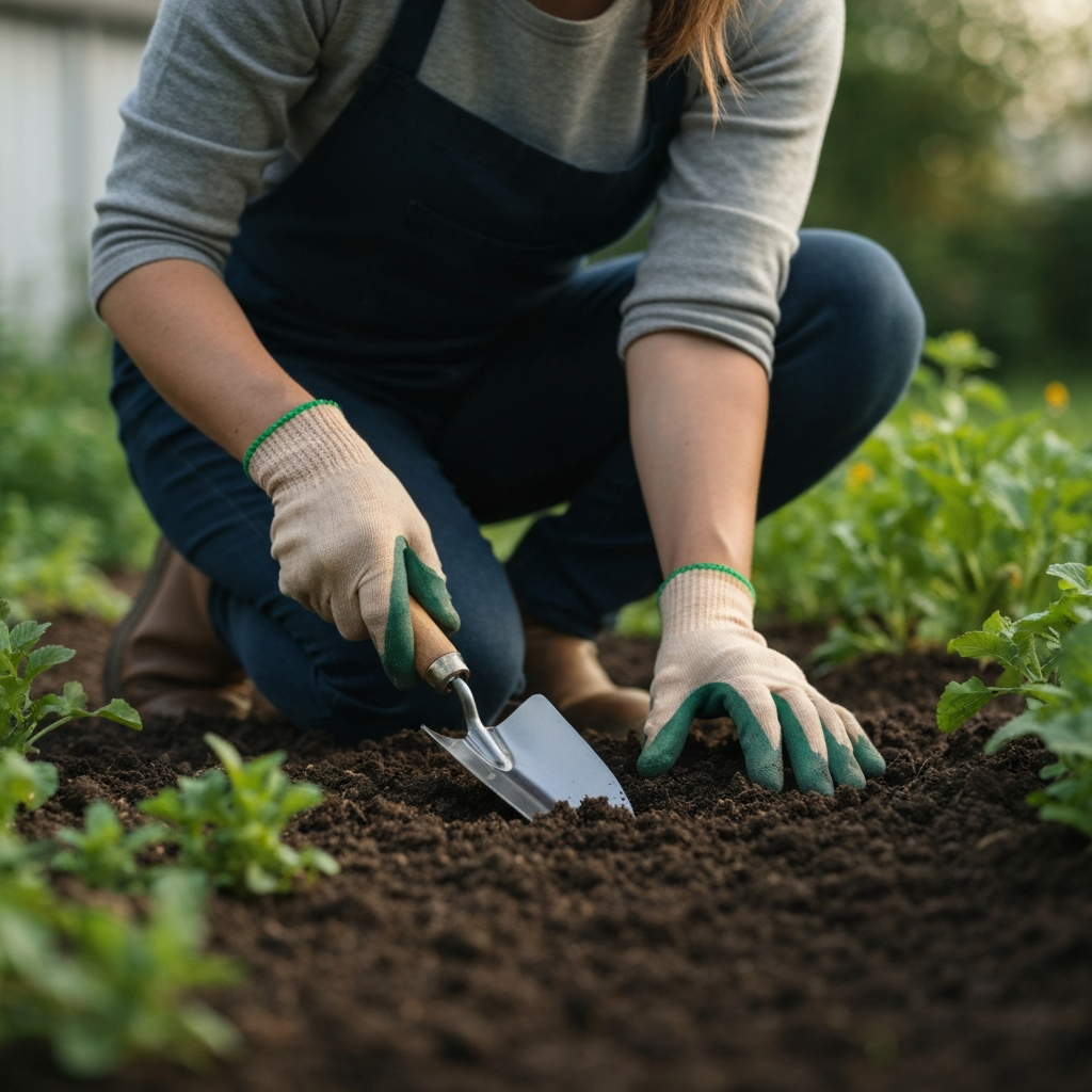 Wide shot of a person in gardening gloves kneeling in a small garden, using a trowel to examine the soil. Soft, diffused morning light illuminates the textures of the soil and surrounding plants. Bokeh effect focuses the viewer's attention on the person's hands and the soil.