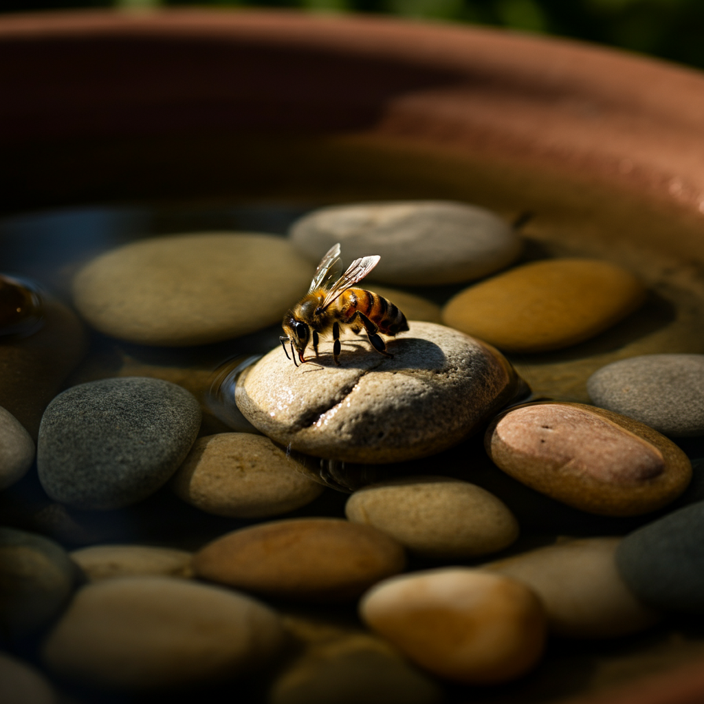 A close-up of a shallow dish filled with water and smooth, colorful pebbles. A bee is perched on one of the pebbles, drinking water. Soft, natural light creates gentle reflections on the water's surface.