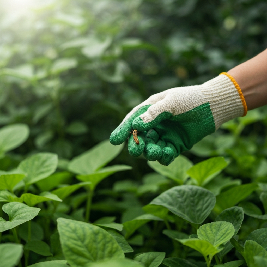 A hand wearing a gardening glove gently removing a small caterpillar from a plant leaf. The background shows a thriving garden with various green plants. Soft, diffused light emphasizes the natural textures of the foliage.